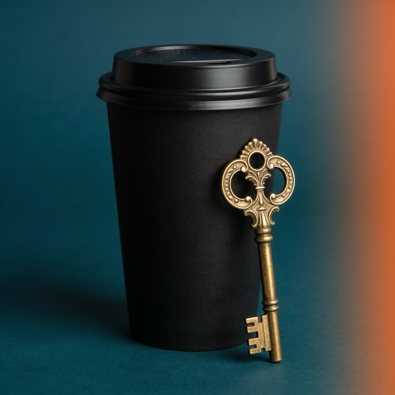 Happy Monday bei EscapeGame Leipzig – schwarzer Kaffeebecher mit goldenem Schlüssel